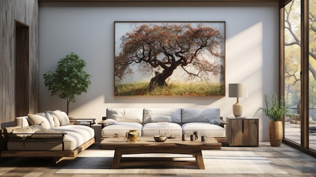 Una sala de estar con un árbol en la pared y una mesa de café.