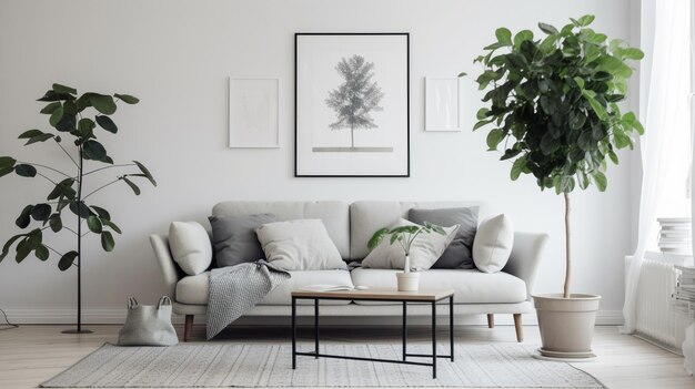 Una sala de estar con un árbol en la pared.