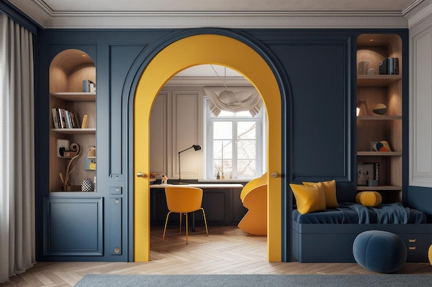 Una sala de estar con un arco amarillo y una mesa redonda con una silla y una mesa con una estantería.