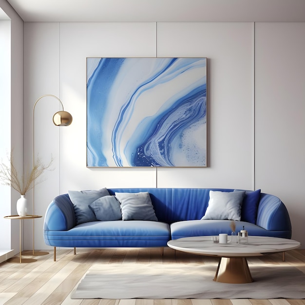 una sala de estar con arte de mármol azul en la pared en el estilo de oro claro y blanco
