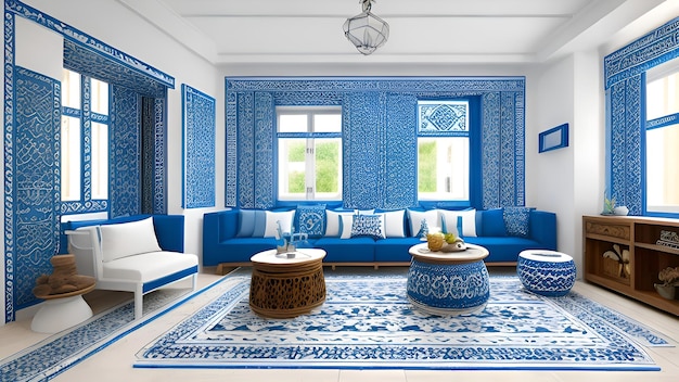 Sala de estar azul y blanca con un sofá azul y jarrones azules