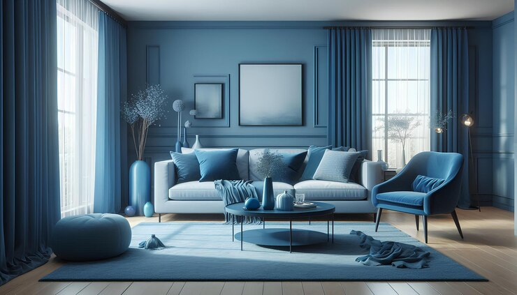 Sala de estar azul y serena