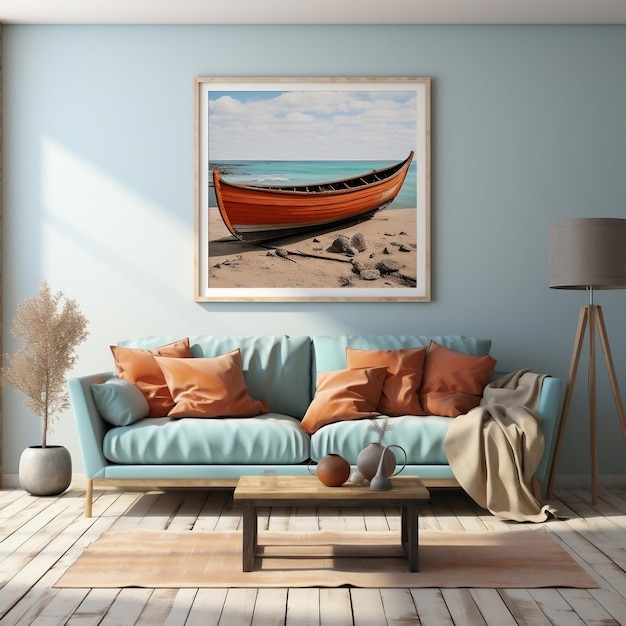 Una sala de estar con un barco sentado en una playa de arena azul