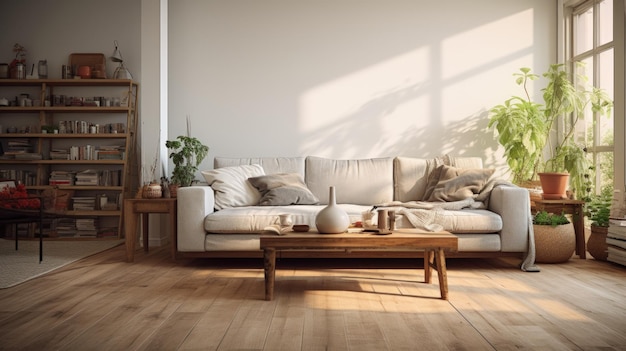 Una sala de estar bien amueblada con cálidos pisos de madera IA generativa