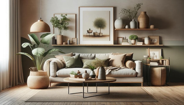 Sala de estar bien equipada que mezcla muebles modernos de mediados de siglo con elementos botánicos contra una pared verde salvia creando un espacio acogedor y acogedor