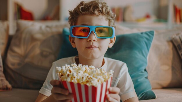 En una sala de estar bien iluminada un niño de contenido con coloridas gafas 3D muestra sabrosas palomitas de maíz a la cámara mientras ve una película interesante