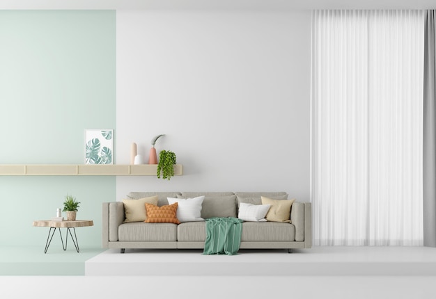 Sala de estar blanca estilo minimalista con cortina y pared verde.