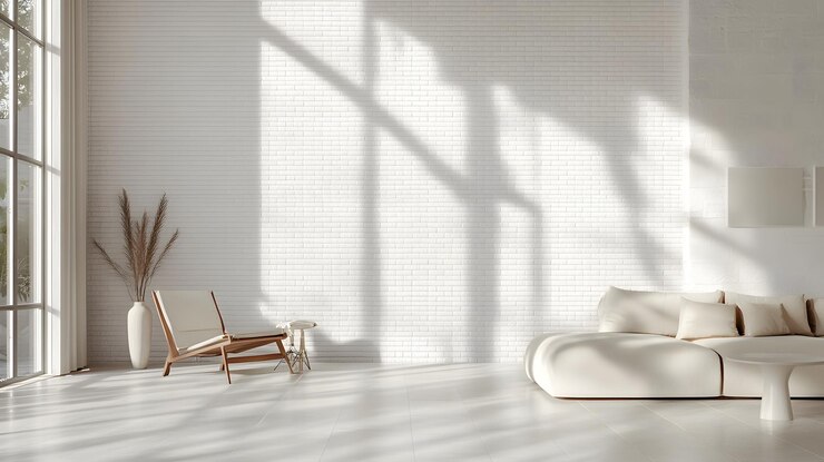Sala de estar blanca minimalista con luz solar y muebles