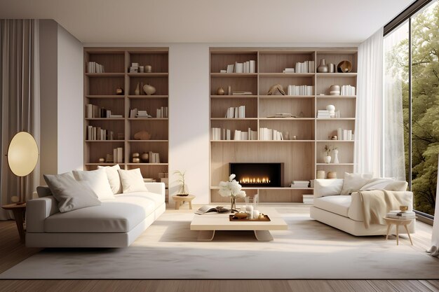 Sala de estar blanca moderna con estantería de sofá blanca con paredes blancas