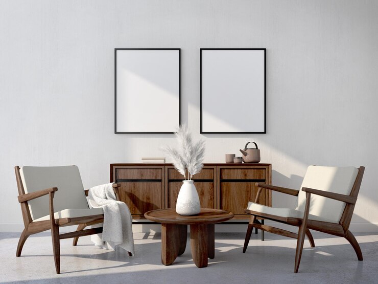 Sala de estar blanca con muebles de madera oscura y maqueta de marco de póster representación 3d