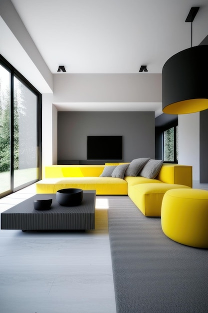 sala de estar blanca con silla amarilla de lujo y acentos de sofá