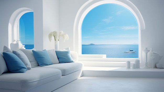Sala de estar blanca con vista al mar y sofá azul