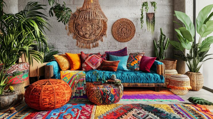 Sala de estar bohemia decoración vibrante plantas diseño de interiores