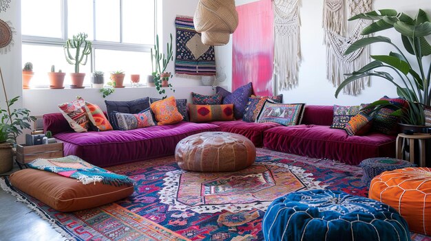 Foto sala de estar bohemia ecléctica con vibrante sofá de terciopelo alfombra vintage asientos no emparejados macrame de