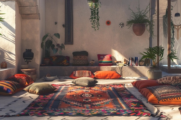 Sala de estar boho con alfombras en capas y piso c