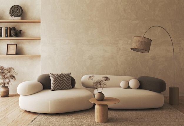 Sala de estar boho beige con grandes estantes de lámparas y sofá de fondo luz casa de campo moderna naturaleza