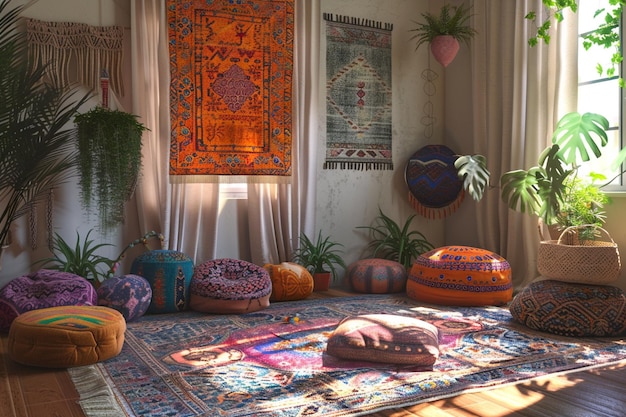 Sala de estar boho chic con pufs en el suelo y Marruecos