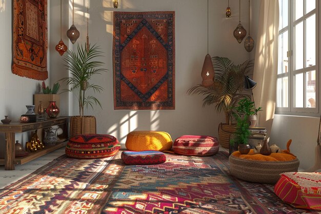 Sala de estar boho chic con pufs en el suelo y Marruecos