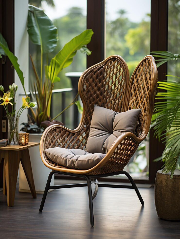Sala de estar boho con cojines de sillón de mimbre y diseño de interiores de mesa de centro de bambú