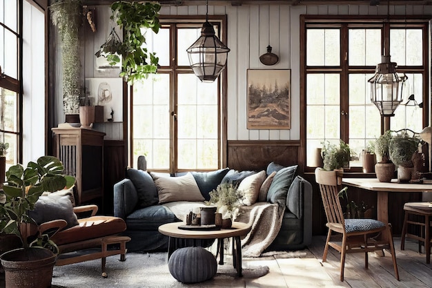 Sala de estar boho escandinava con accesorios de iluminación vintage y muebles rústicos de madera
