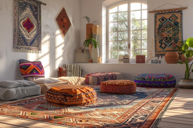 Sala de estar boho con pufs en el suelo y marroquí