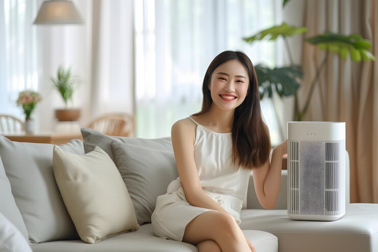 Sala de estar brillante y alegre con una mujer sonriente y purificador de aire