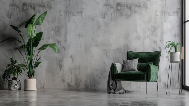 Sala de estar con brillante silla de acento verde esmeralda y estuco decorativo de yeso gris en la pared de mi