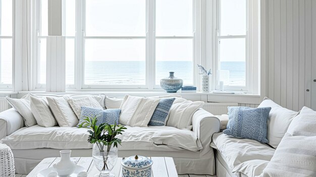 Sala de estar de cabaña costera sala de estar blanca diseño de interiores y casa de campo decoración del hogar sofá y muebles de salón estilo campo inglés