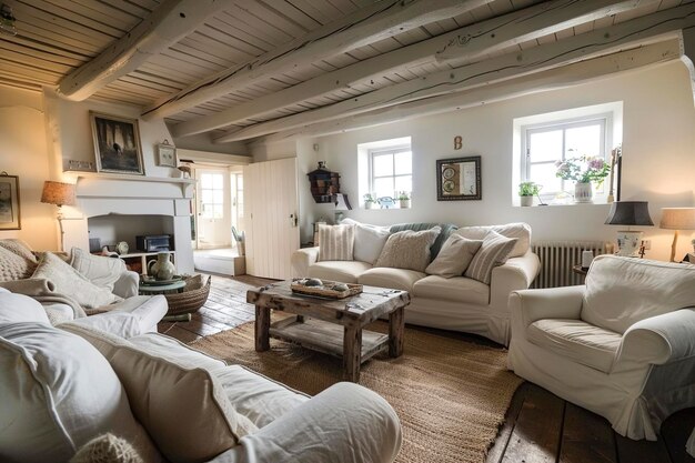 Foto sala de estar de la cabaña costera sala de estar blanca