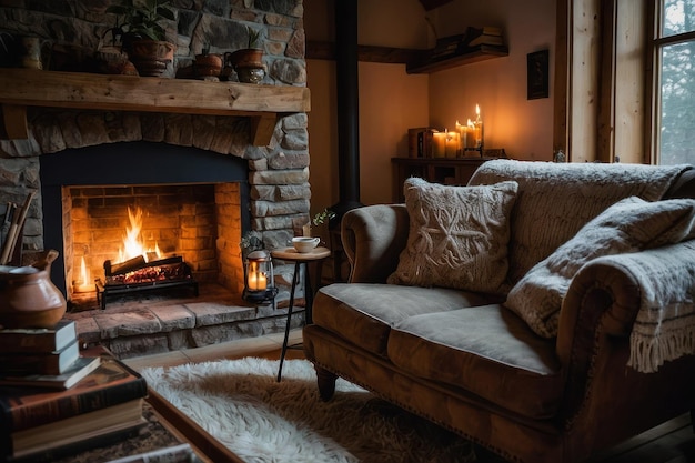 Sala de estar cálida y acogedora con chimenea y nieve