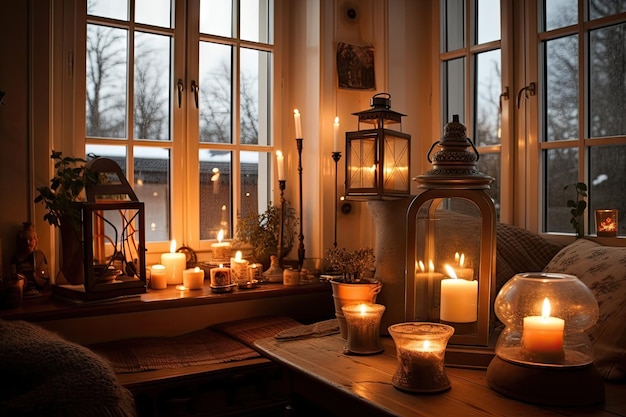 Una sala de estar cálida y acogedora con farolillos y velas en el alféizar de la ventana