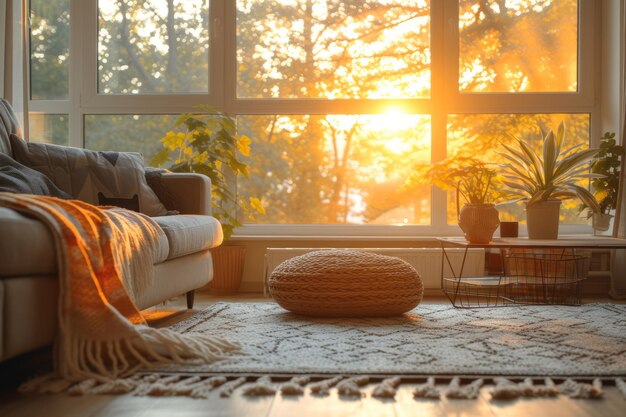 Foto sala de estar cálida y acogedora con grandes ventanas y una cómoda zona de descanso