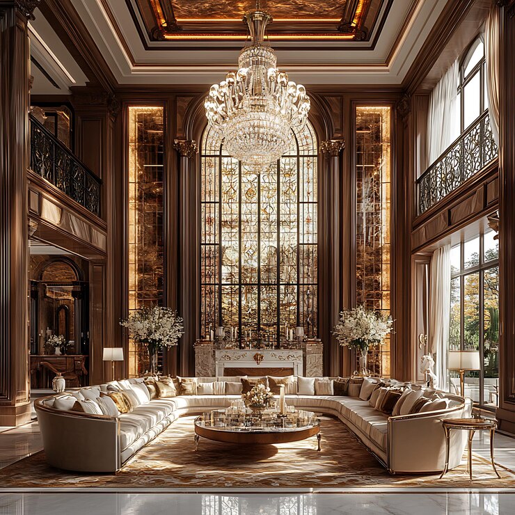 sala de estar con un candelabro y una gran ventana
