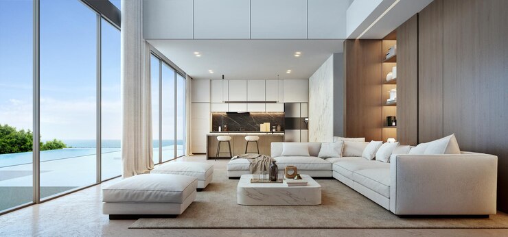 Sala de estar casa de lujo en estilo moderno sofá blanco con piscina y vista al mar renderización 3d