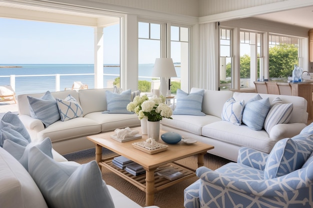 Sala de estar de una casa de playa costera con un tema náutico alegre y decoración costera