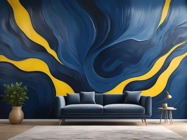 Sala de estar casual con papel tapiz azul y amarillo abstracto de moda con concepto de muebles