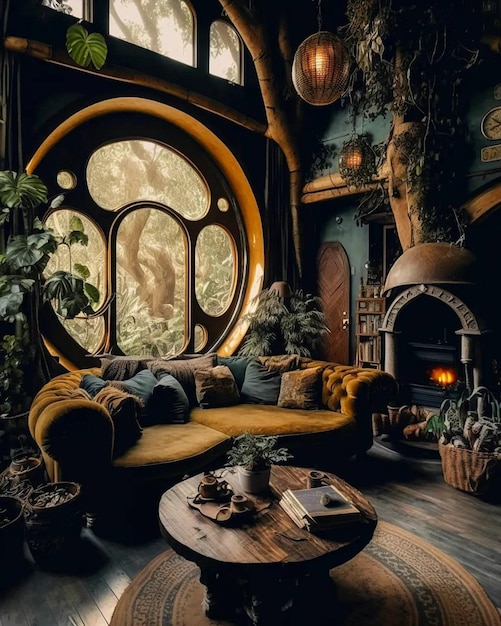 Una sala de estar con chimenea y una casa del árbol.