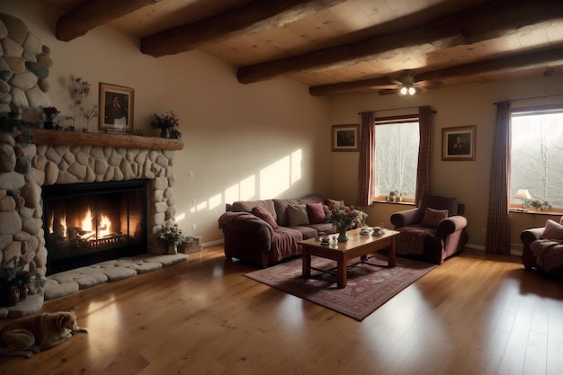 Una sala de estar con chimenea y una chimenea con fuego en la esquina.