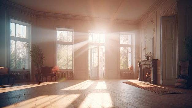 Una sala de estar con chimenea y una chimenea con el sol brillando a través de la ventana.