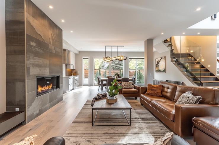Foto una sala de estar con una chimenea y una chimenea