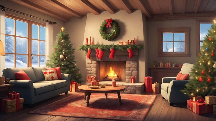 una sala de estar con una chimenea y decoraciones de Navidad