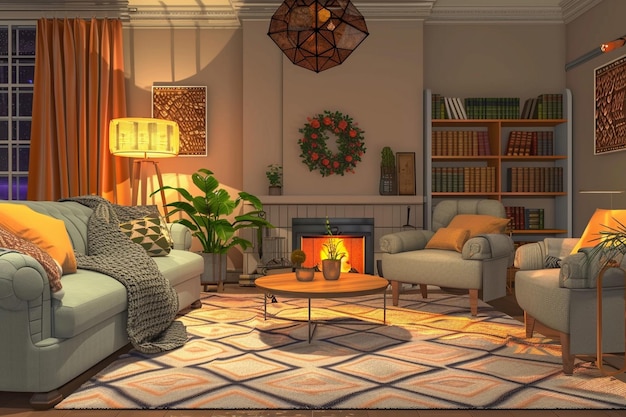 una sala de estar con una chimenea y una lámpara que dice "Cristo"