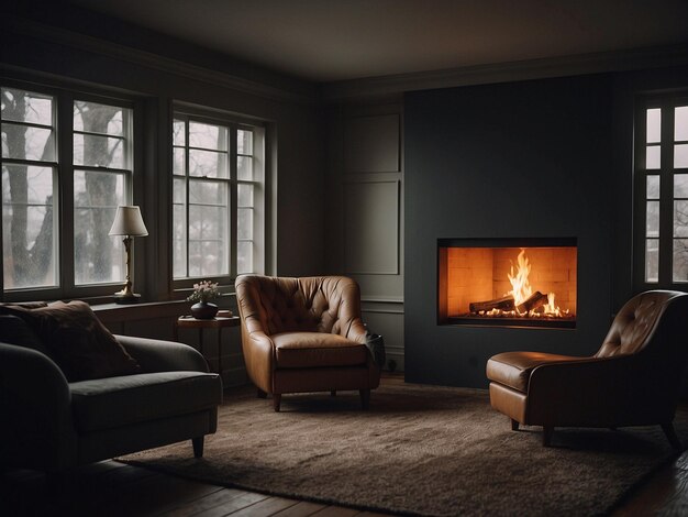 una sala de estar con una chimenea y una silla