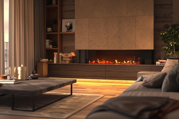 una sala de estar con una chimenea y un sofá con almohadas y un hogar en el centro