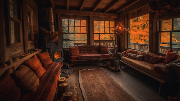 Una sala de estar con chimenea y un sofá frente a una ventana con colores otoñales.