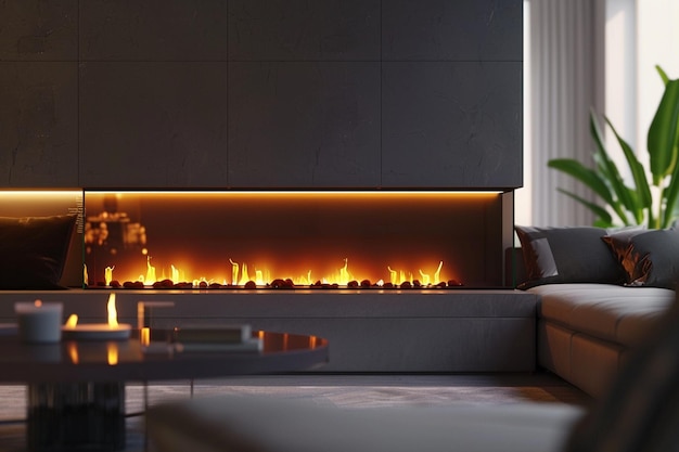 una sala de estar con una chimenea y un sofá con una planta en la parte superior