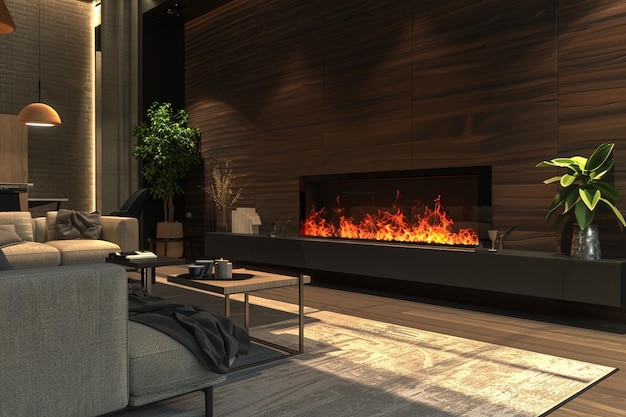 una sala de estar con una chimenea y un sofá con una silla y una chimenea