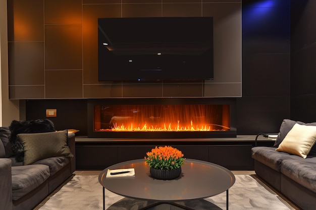 una sala de estar con una chimenea y un televisor por encima de ella