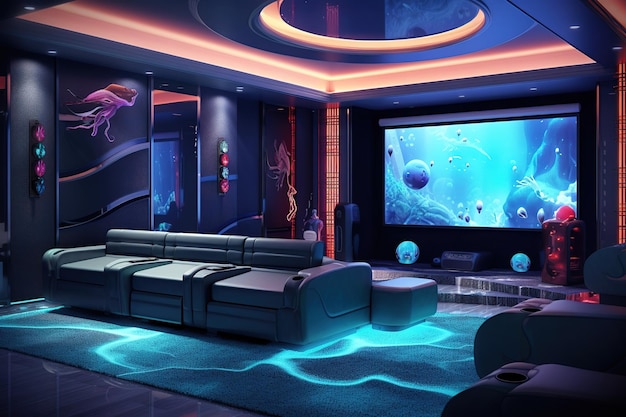 Sala de estar de cine en casa con iluminación LED de colores hogar inteligente IA generativa