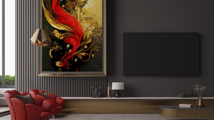 Sala de estar clásica moderna con sillones rojos, pintura de arte y TV en una pared oscura